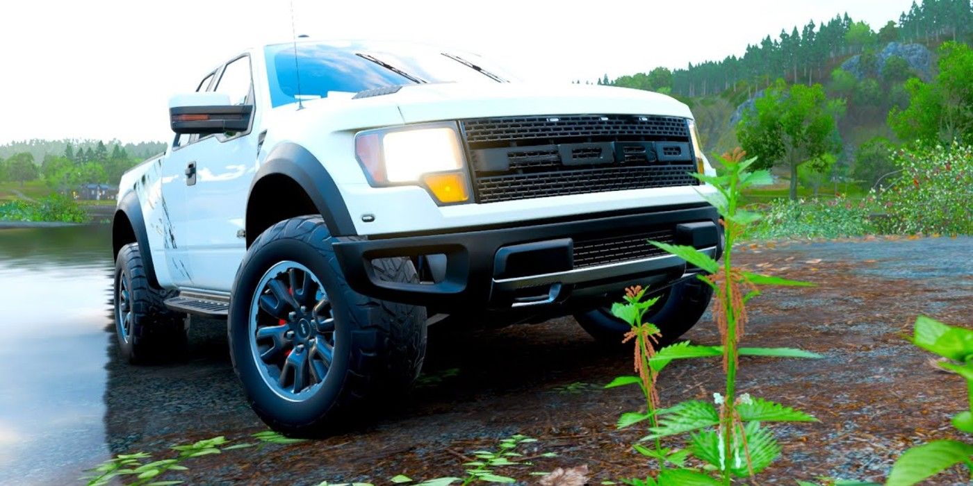 Forza Horizon 4 Ford F-150 SVT Raptor emerging from lake head on close up