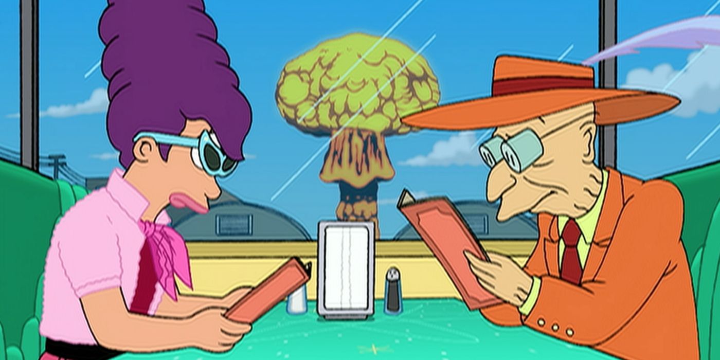Futurama Screenshot of Leela and The Professor In THe Past With Explosions In The Background