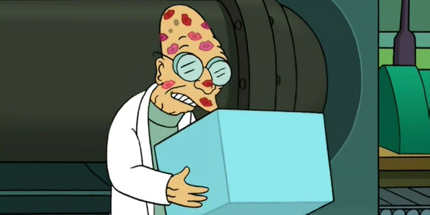 Futurama Screenshot Of Professor With Kisses on Face and Parallel Universe Box
