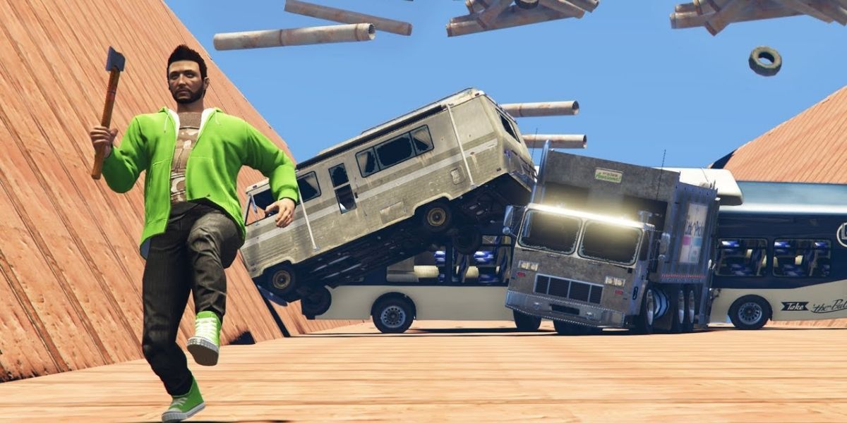 GTA Online player running from avalanche of falling vehicles