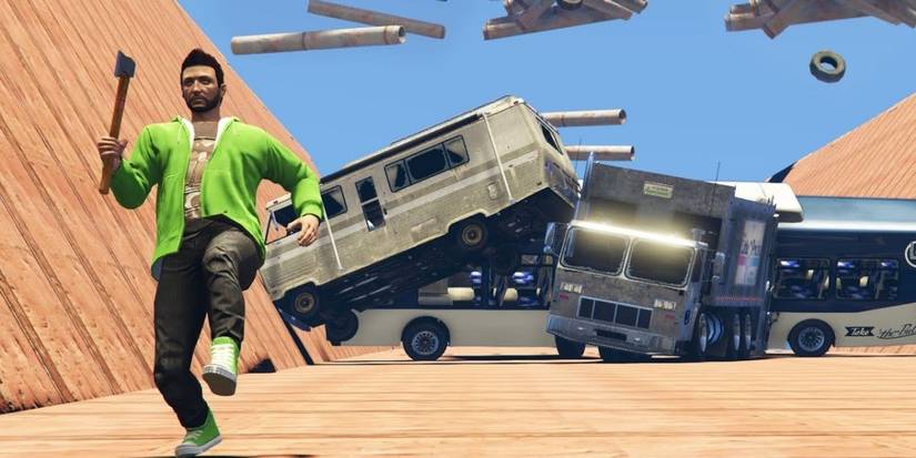 GTA Online player running from avalanche of falling vehicles