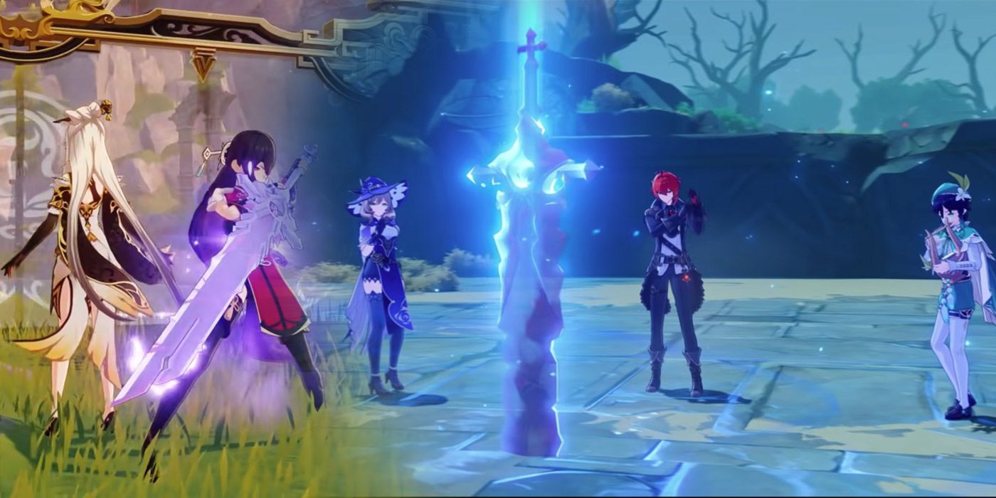 Genshin Impact Multiple Players Surrounding Glowing Sword