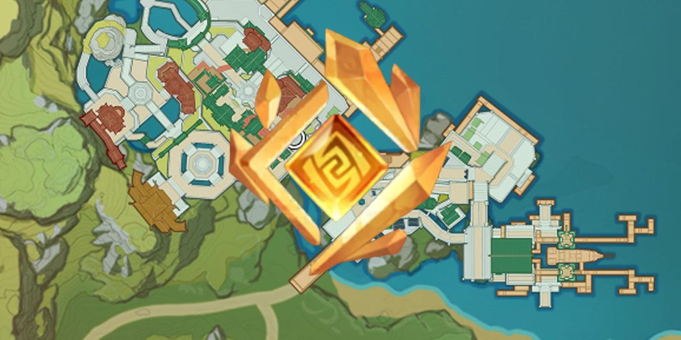 Geoculus symbol in front of a map of Liyue Harbor
