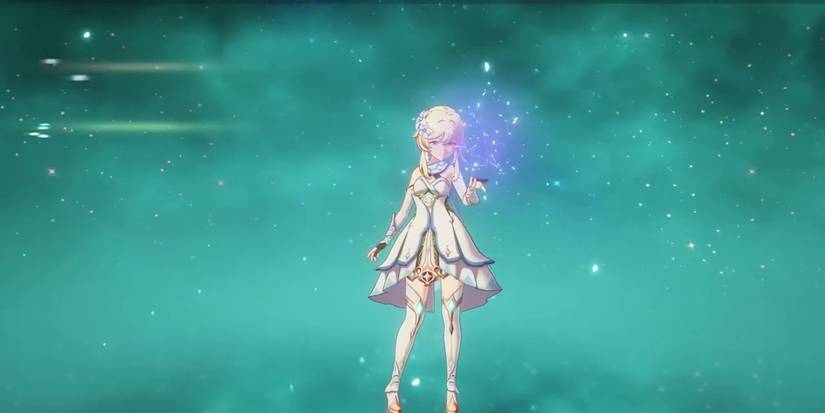 Genshin Impact Female Traveler in pause menu with green foggy background