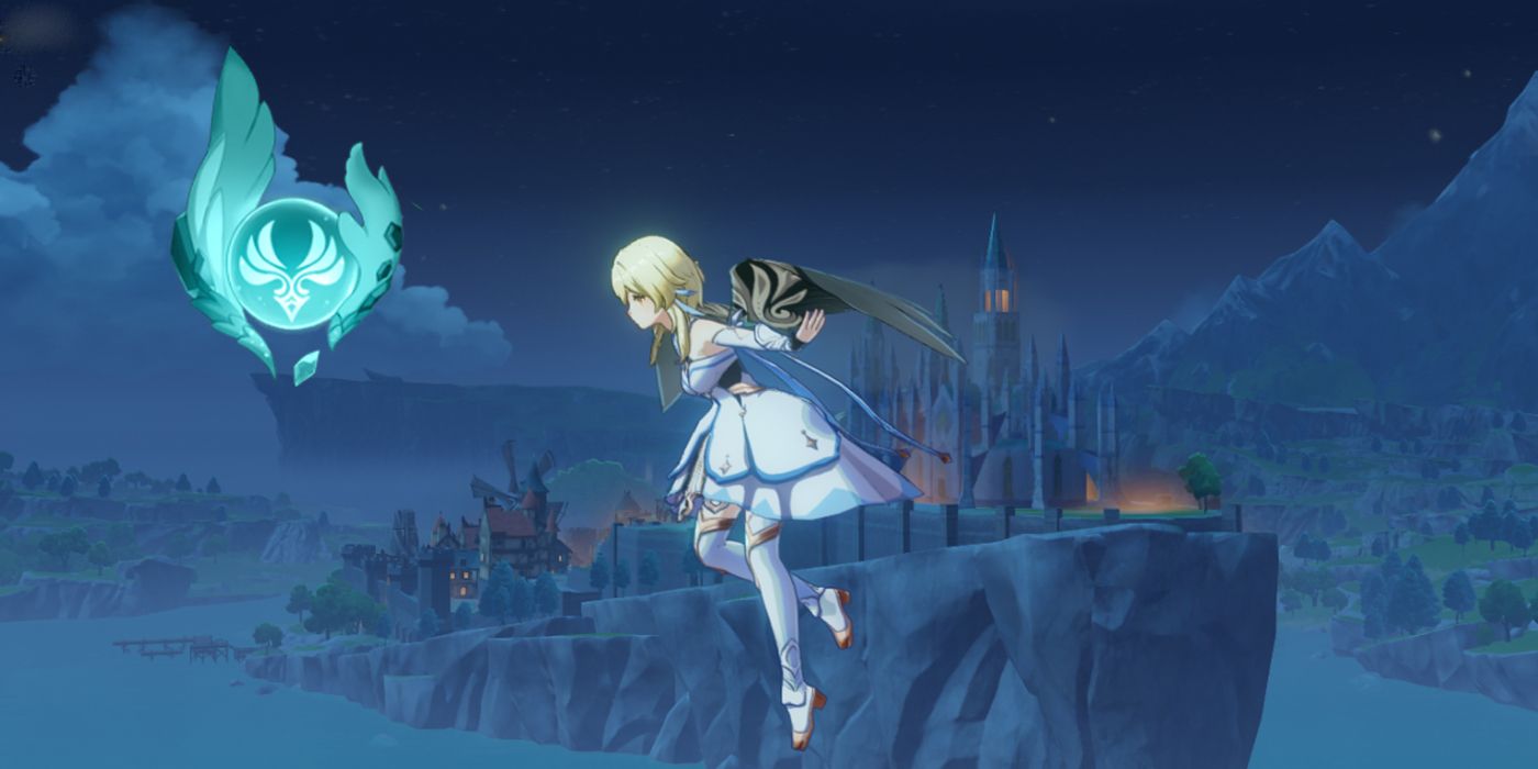 Genshin Impact Female traveler floating toward and anemoculus at night with Monstadt in the background
