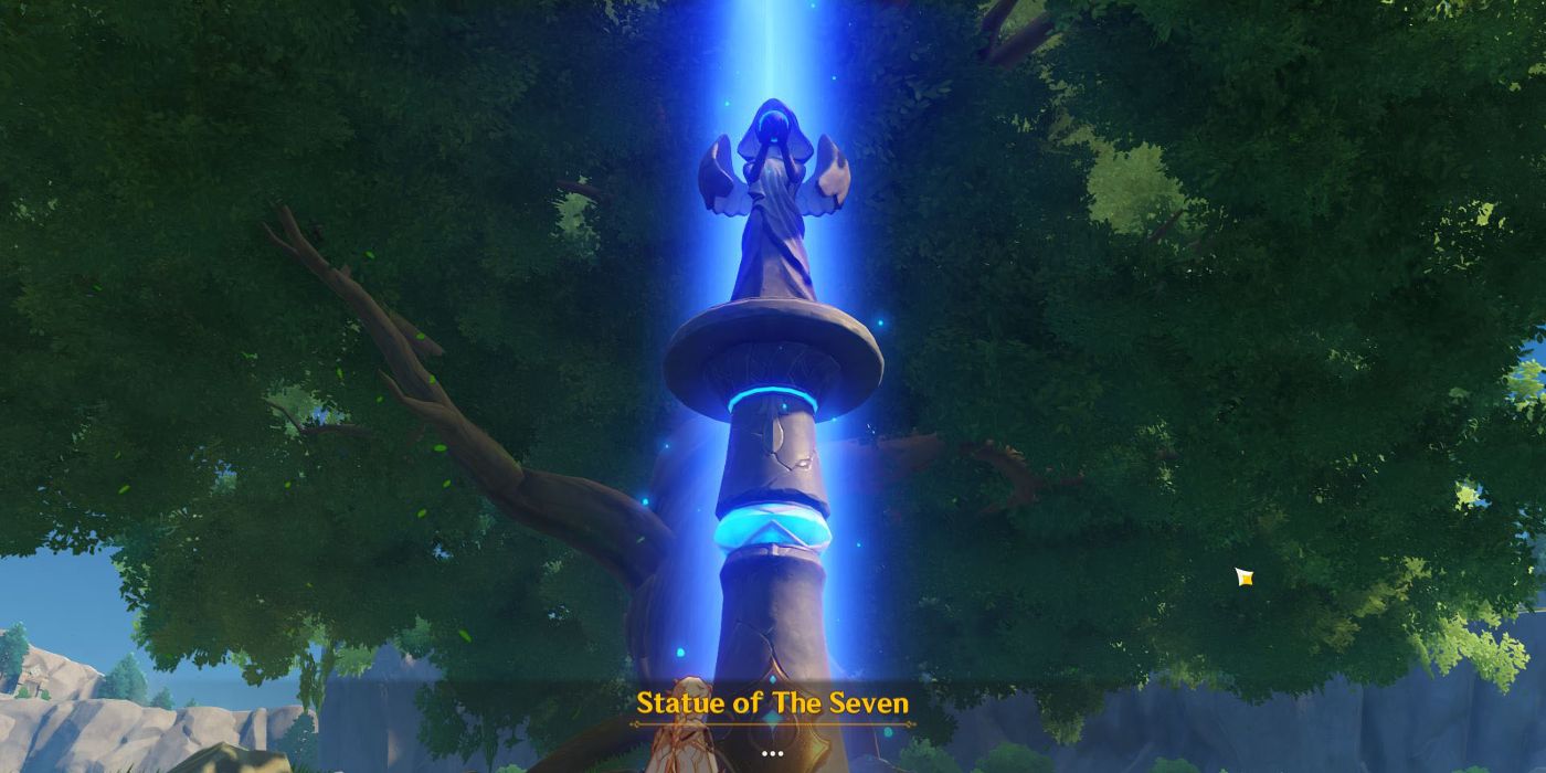Genshin Impact one of the statues of the sever under a giant tree with a blue beam of light coming from it