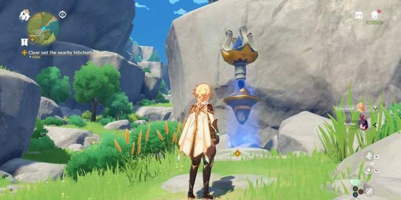 Genshin impact traveler in front of waypoint in daytime