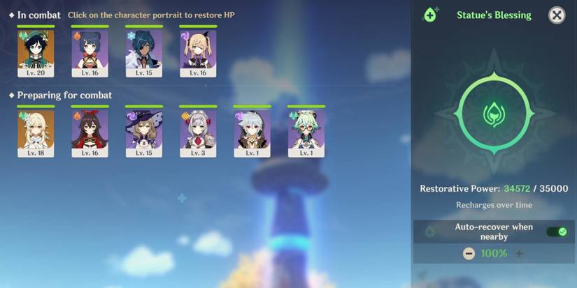 Genshin impact screen showing statue healing powers and health of characters in party
