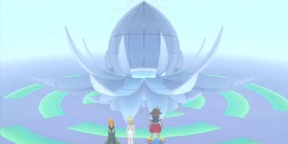 Goofy, Namine, and Sora in front of a pod