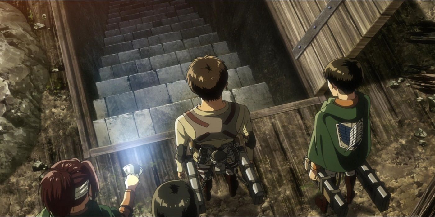 Hange, Mikasa, Eren, and Levi go into the Yeagers' basement