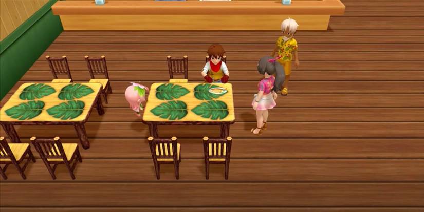 Harvest Moon Player at cafe table with Ahina, Holokai and Fairy looking at fish on plate