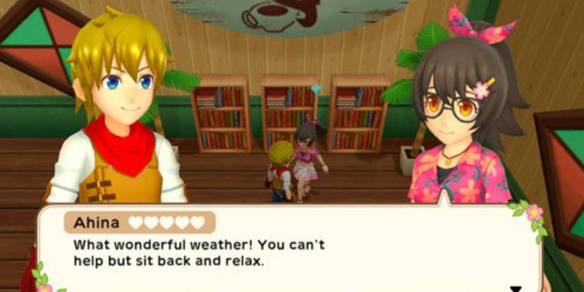 Harvest Moon Player with Ahina in back of cafe