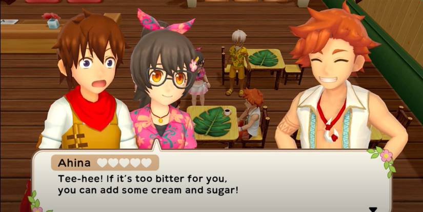 Harvest Moon Player with Ahina and Kanoa looking surprised in cafe