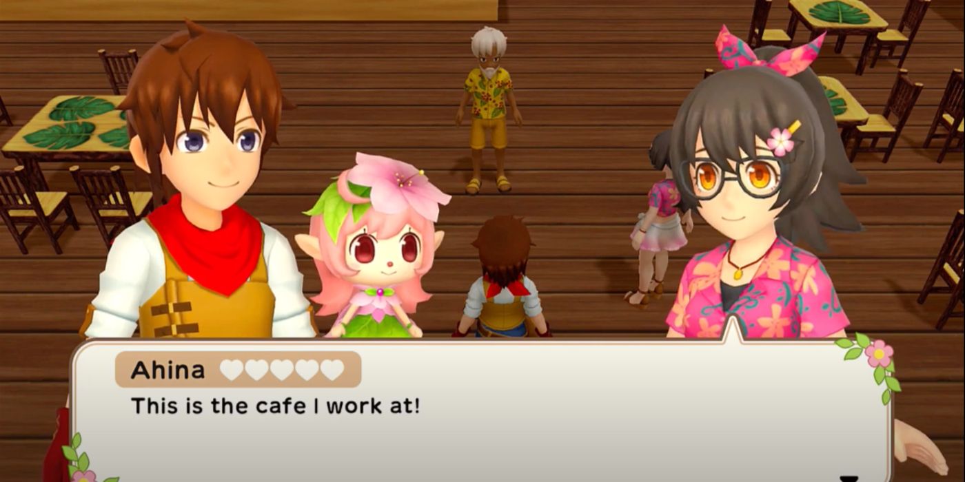 Игрок Harvest Moon с Ахиной и Феей внутри Tropical Cafe