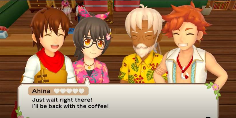 Harvest Moon Player with Ahina, Holokai, and Kanoa in cafe all smiling