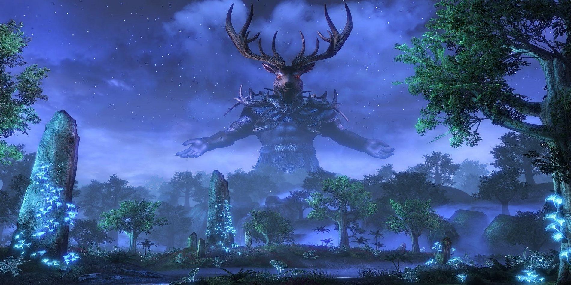 Elder Scrolls Daedric Prince Hircine with Stag Head Standing in Twilight Sky over Mountains and Forests Hands Outstretched