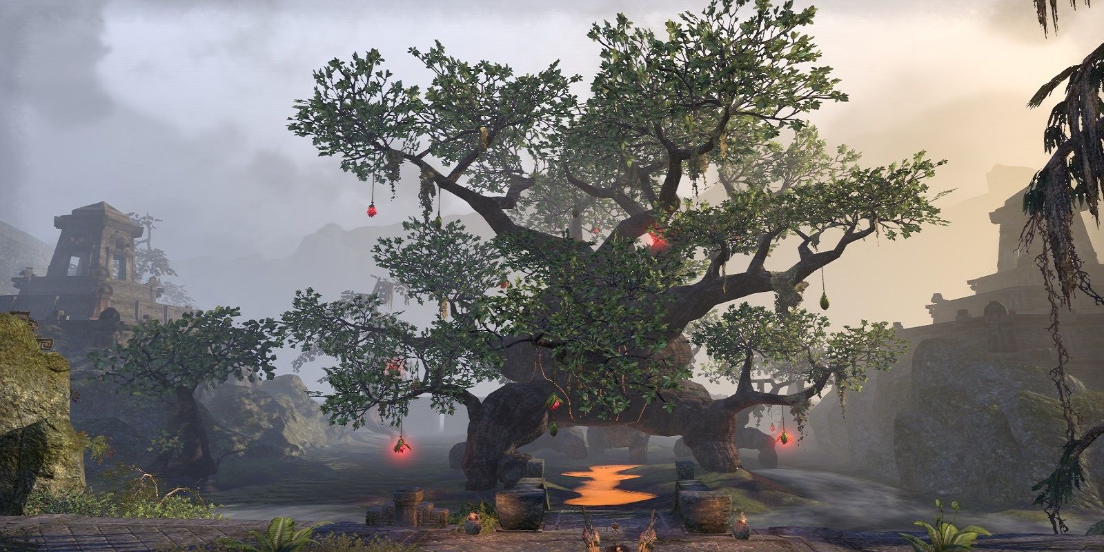 Elder Scrolls Hist Tree Early Morning Misty Lanterns Beneath Large Tree Stone Temple to the Left