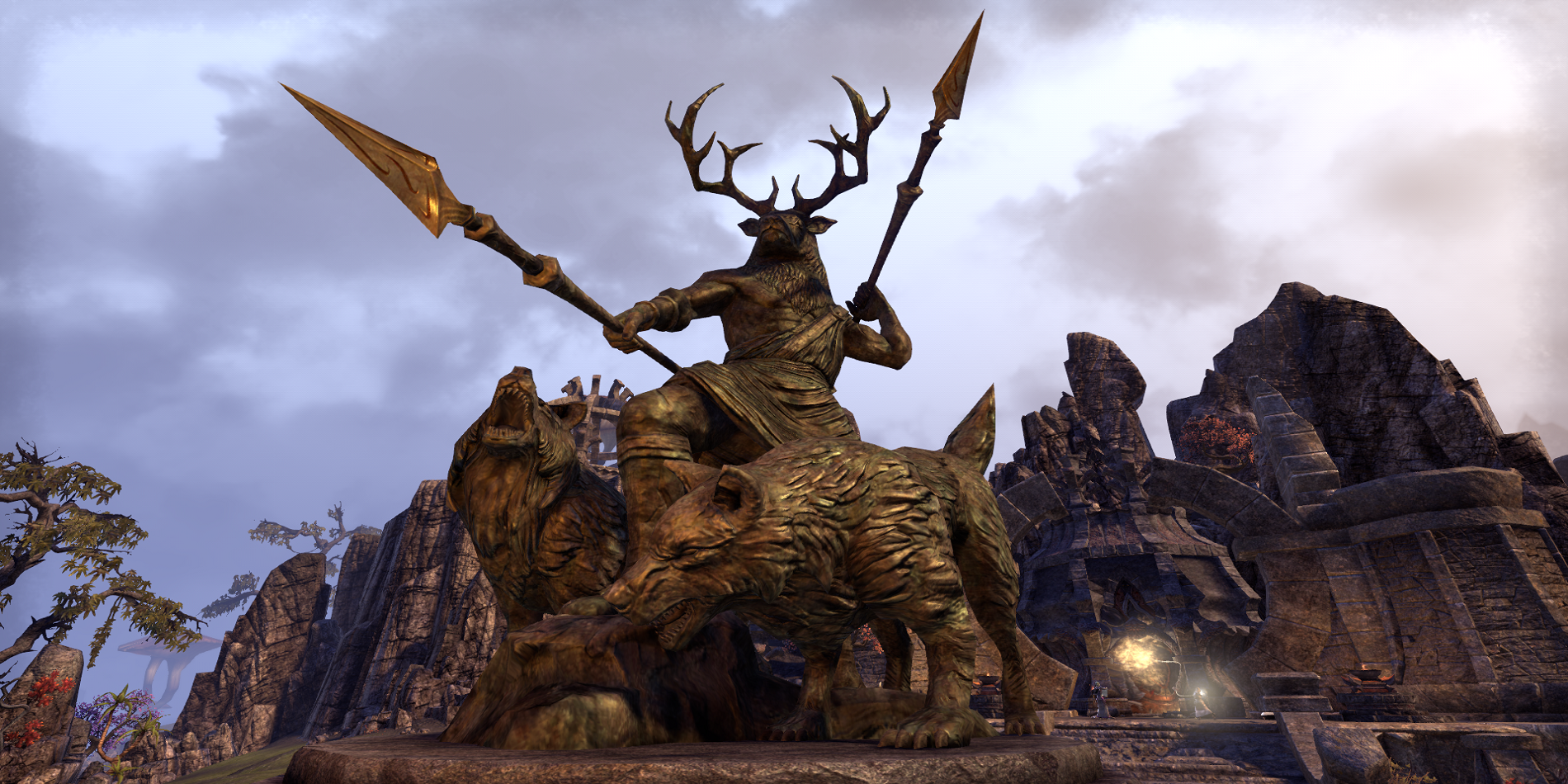 Elder Scrolls Statue of Hircine Wielding Two Spears Flanked by Two Wolves Daytime