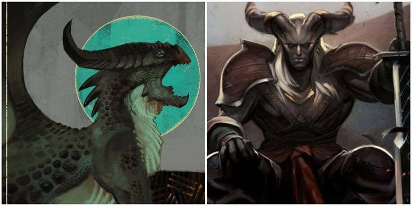 Split image of dragon and qunari.