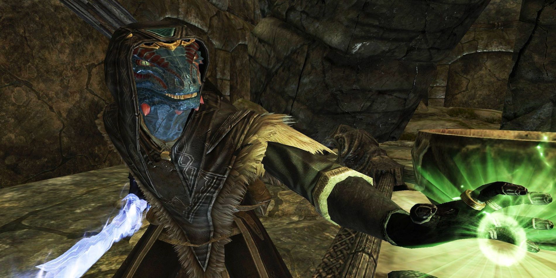 Elder Scrolls Blue Argonian in Skyrim Wielding a Sword and Green Magic Hooded Arch-Mage Robes in a Crypt