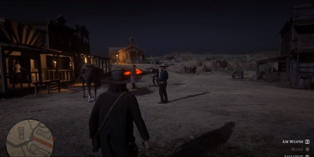 John Marston witnessing a standoff between the Del Lobo gang and the sheriff of Armadillo in Red Dead Redemption 2