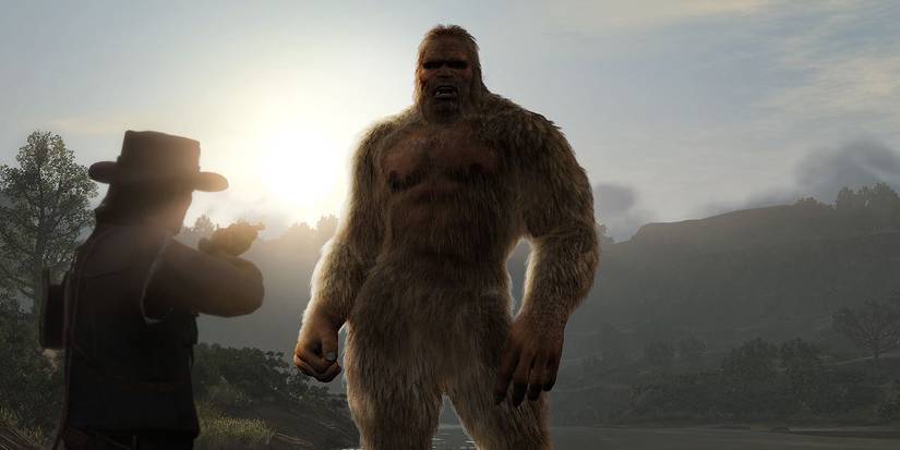 John Marston aiming a rifle at Sasquatch in Undead Nightmare