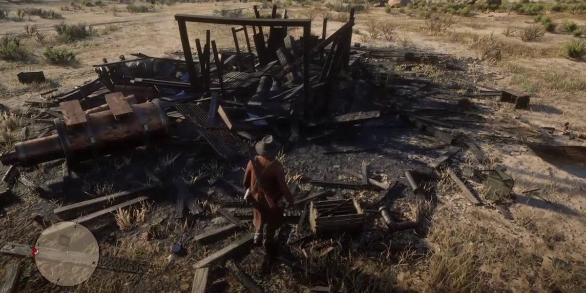 John Marston exploring the remains of a house in Red Dead Redemption 2
