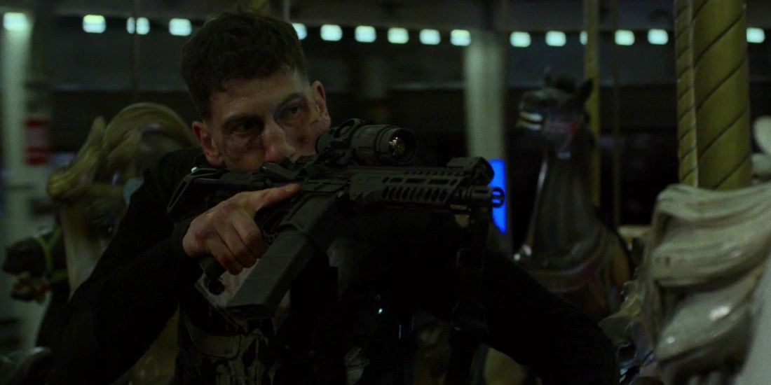 Jon Bernthal as Frank Castle on a merry-go-round in The Punisher