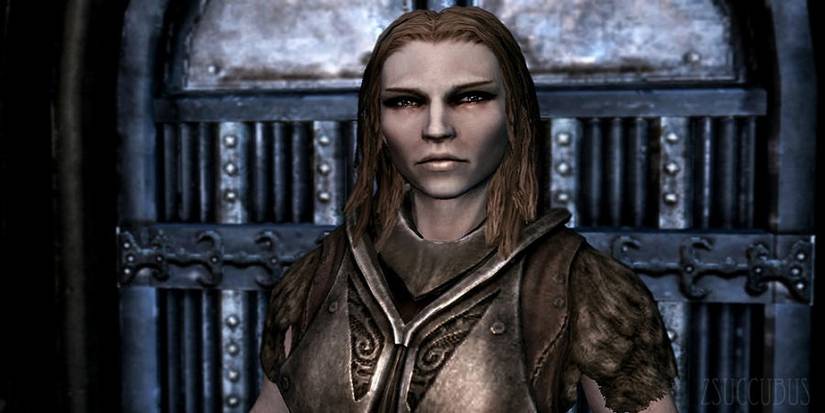 Skyrim Jordis the Sword Maiden in Front Of Blue Door