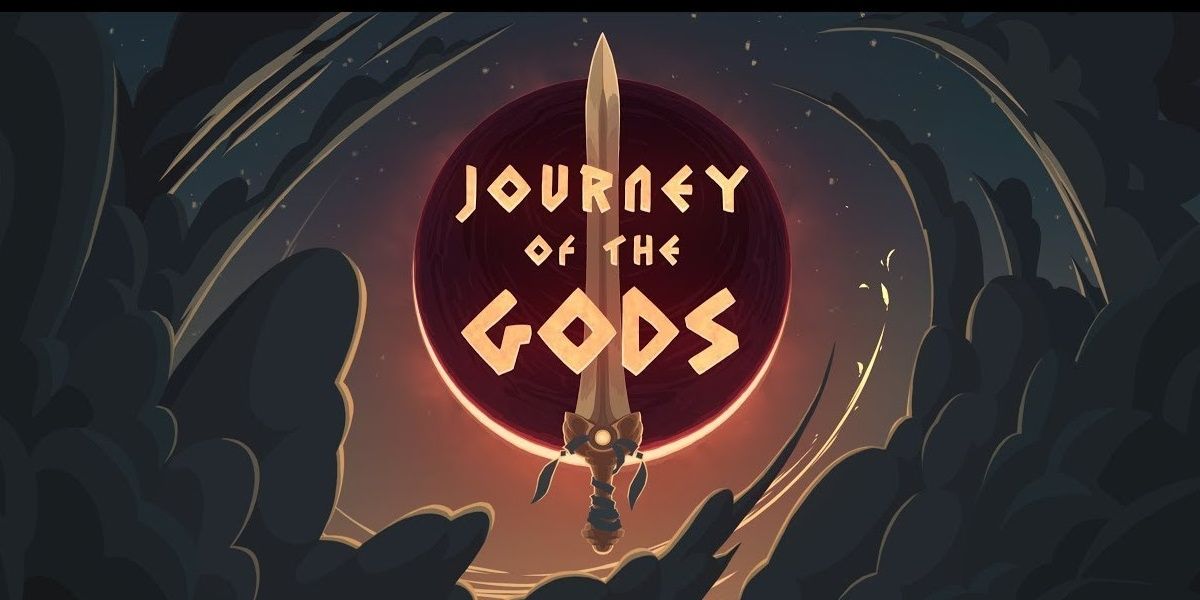 Journey of the gods logo over sword in clouds