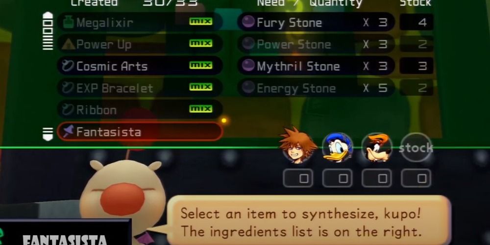 Synthesis menu selecting Donald's Fantasista weapon in Kingdom Hearts