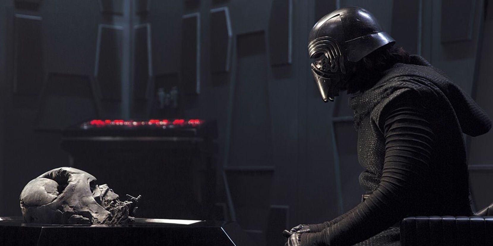 Kylo Ren worships Vader's mask in The Force Awakens