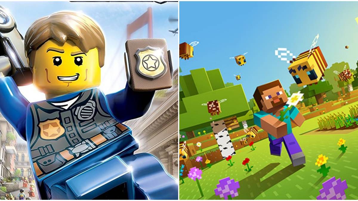 (Left) Lego City Undercover front cover art (Right) Steve chasing a Bee in Minecraft