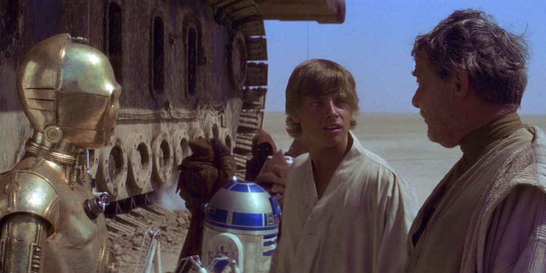 Luke, Owen, and C-3PO next to the Sandcrawler in Star Wars