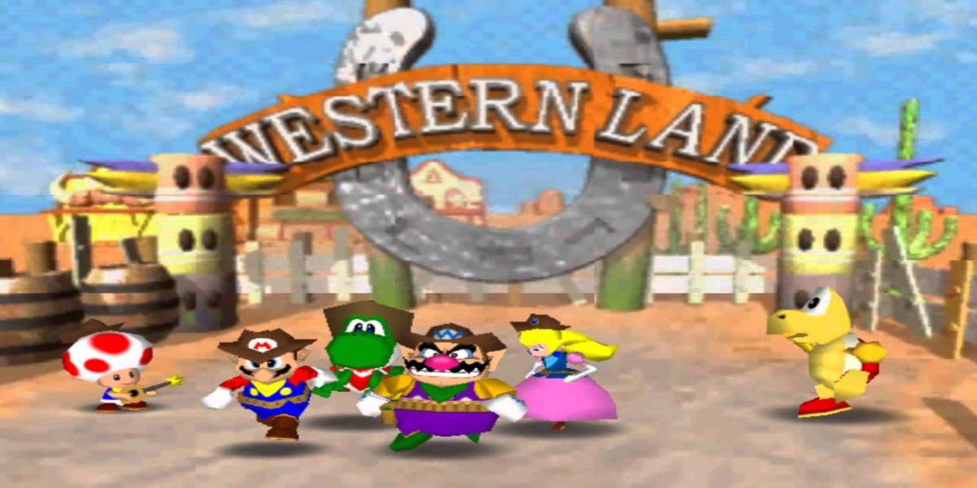 Mario Party 2 characters posing in Western Land board game