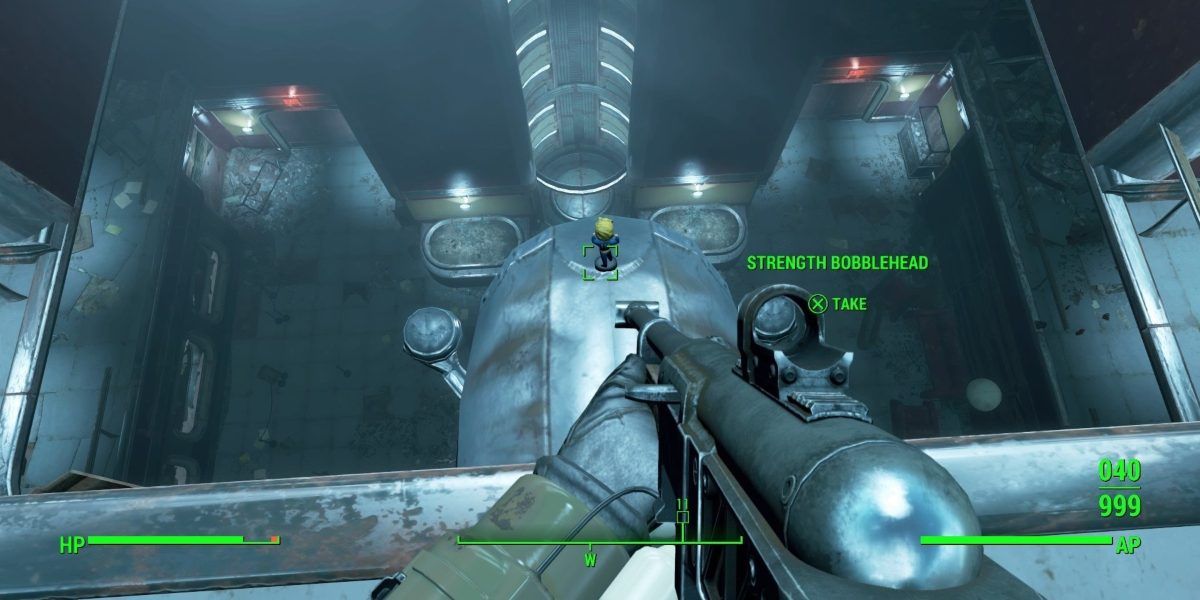 The player character wielding a gun finding the strength bobblehead inside the Mass Fusion building in Fallout 4