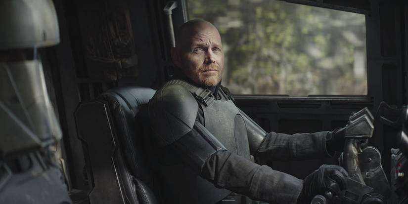 Mayfeld and Mando driving to the Imperial base in The Mandalorian