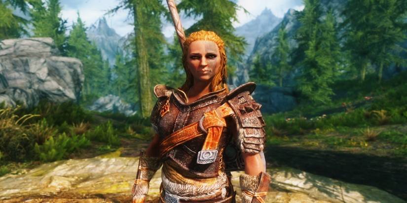 Skyrim Modded Mjoll the Lioness Standing Center Frame Forest Background
