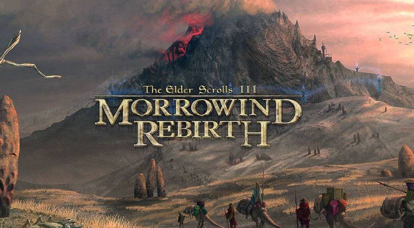 Morrowind's Red Mountain in the background with the Morrowind Rebirth logo in the center.