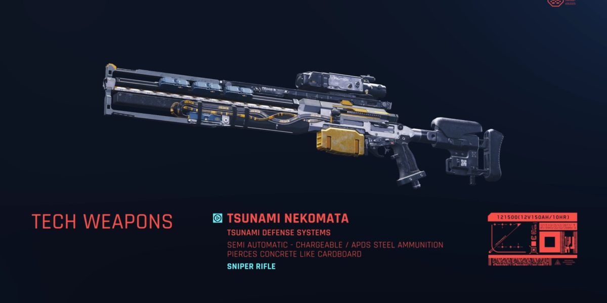Nekomata sniper rifle, with information on the gun, from Cyberpunk 2077
