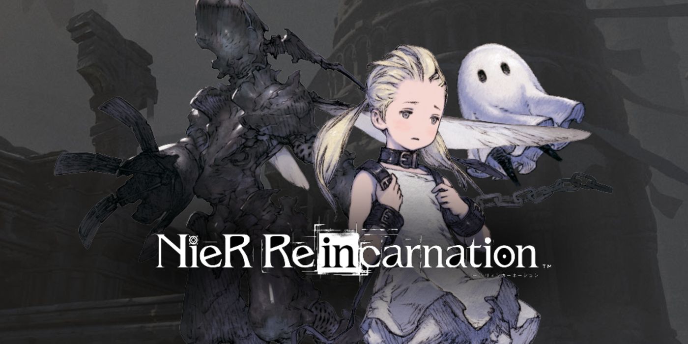 NieR Reincarnation protagonist in center with a floating ghost by her side and a dark creature on her left