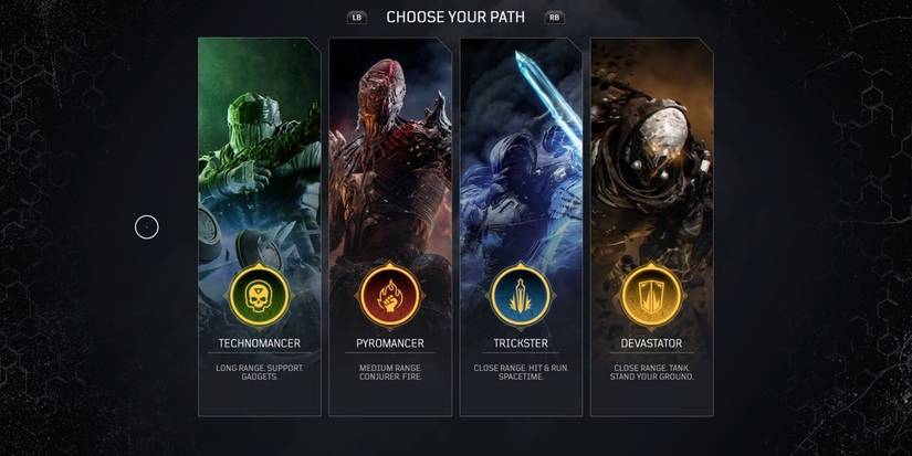 Class selection screen in Outriders