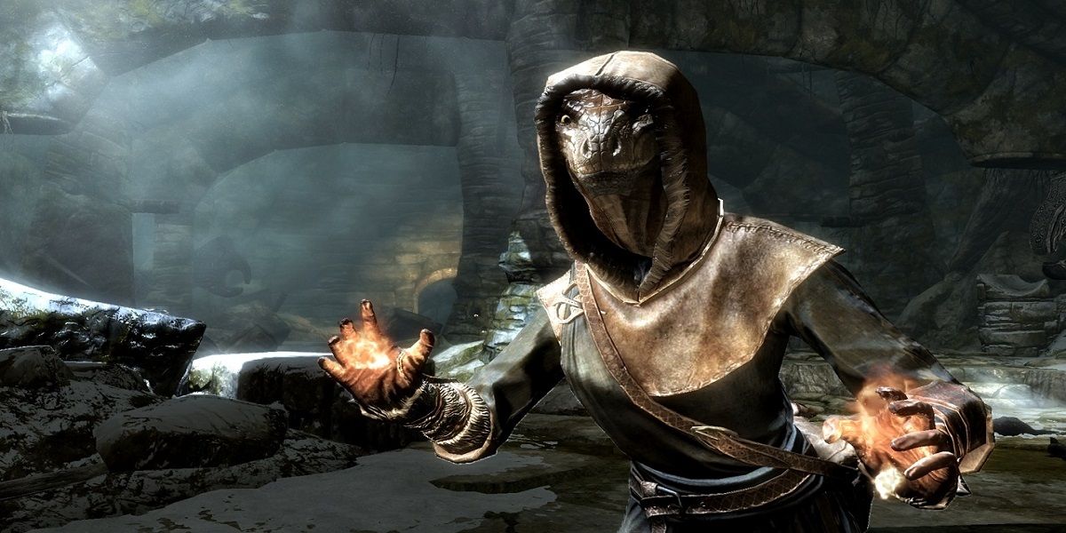 Elder Scrolls Female Argoinan Mage with Flames Exploring a Crypt in Skyrim