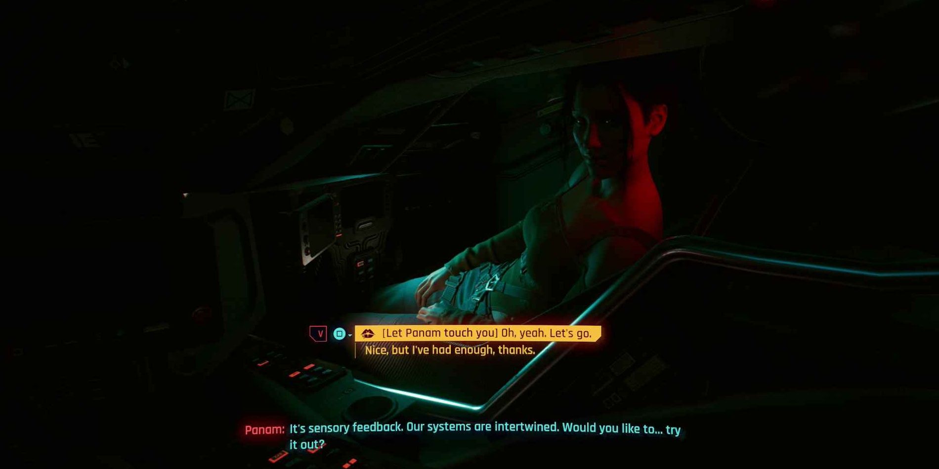 Panam puts the moves on V in Cyberpunk 2077
