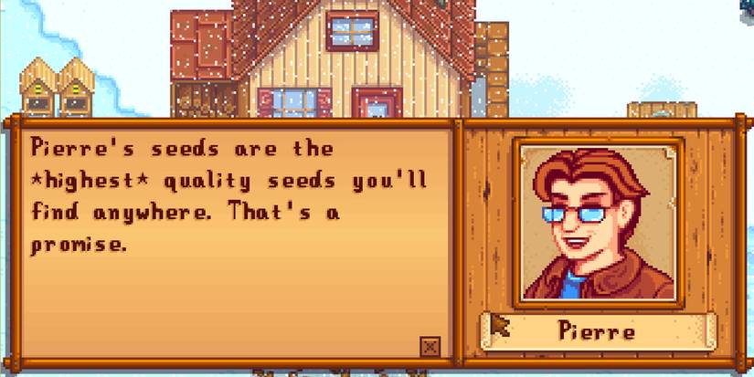 Pierre encouraging the player to shop at his store