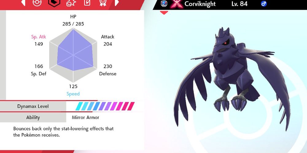 Экран статуса Corviknight в Pokemon Sword and Shield