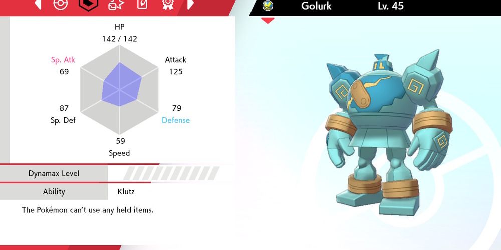 Golurk status screen in Pokemon Sword and Shield
