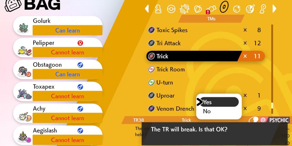 Player trying to teach Golurk Trick via TR in Pokemon Sword and Shield