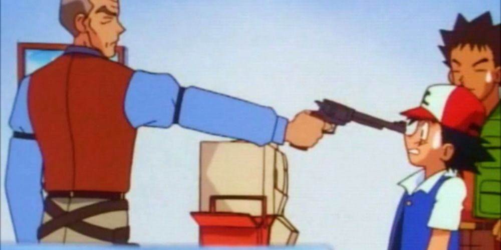 Safari Ranger Kaiser threatening Ash with a gun in Pokemon