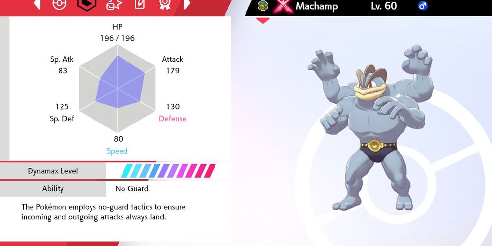 Экран состояния Machamp в Pokemon Sword and Shield